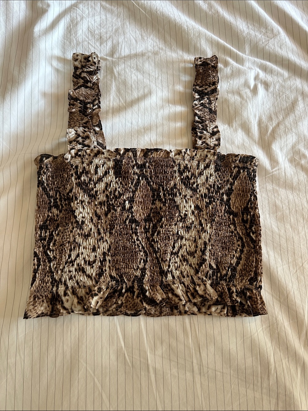 💜 3/30 The Impeccable Pig Smocked Snake-Print Square Neck Crop Top - Brown